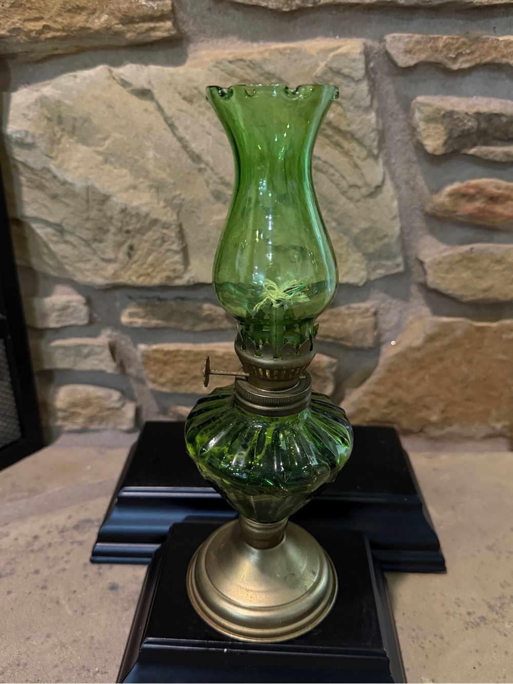 Vintage miniature green glass oil lamp